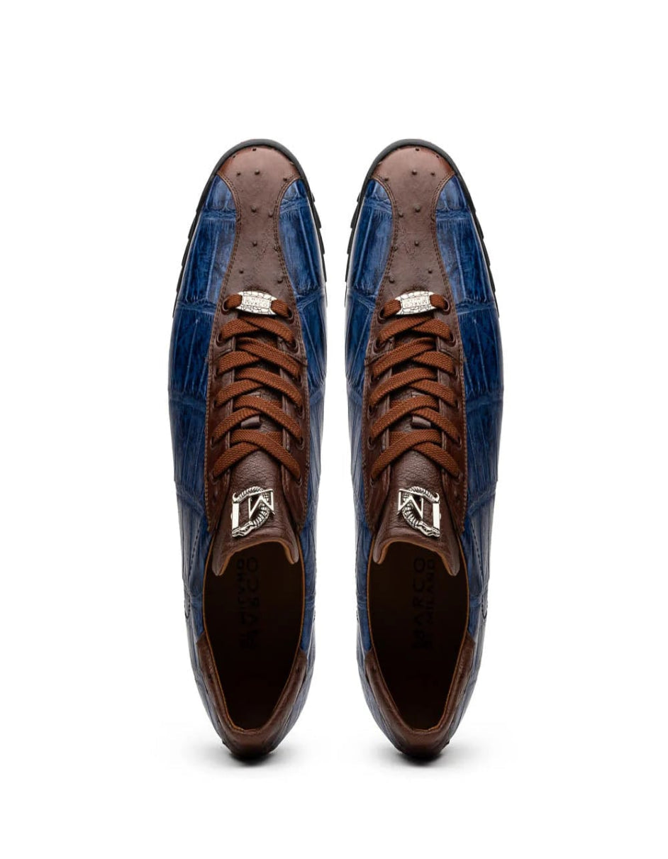 Saulo Blue & Brown Ostrich Alligator Sneakers