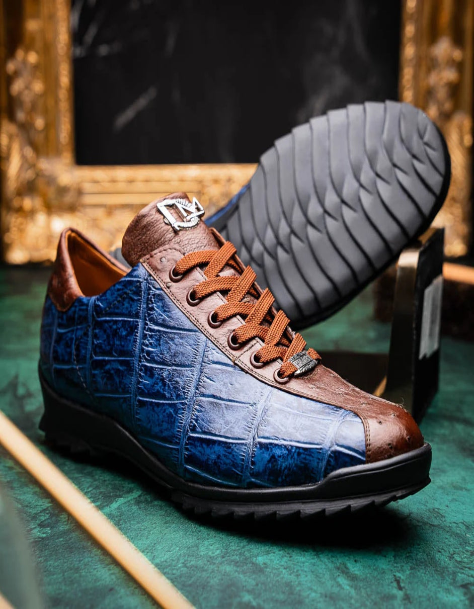 Saulo Blue & Brown Ostrich Alligator Sneakers