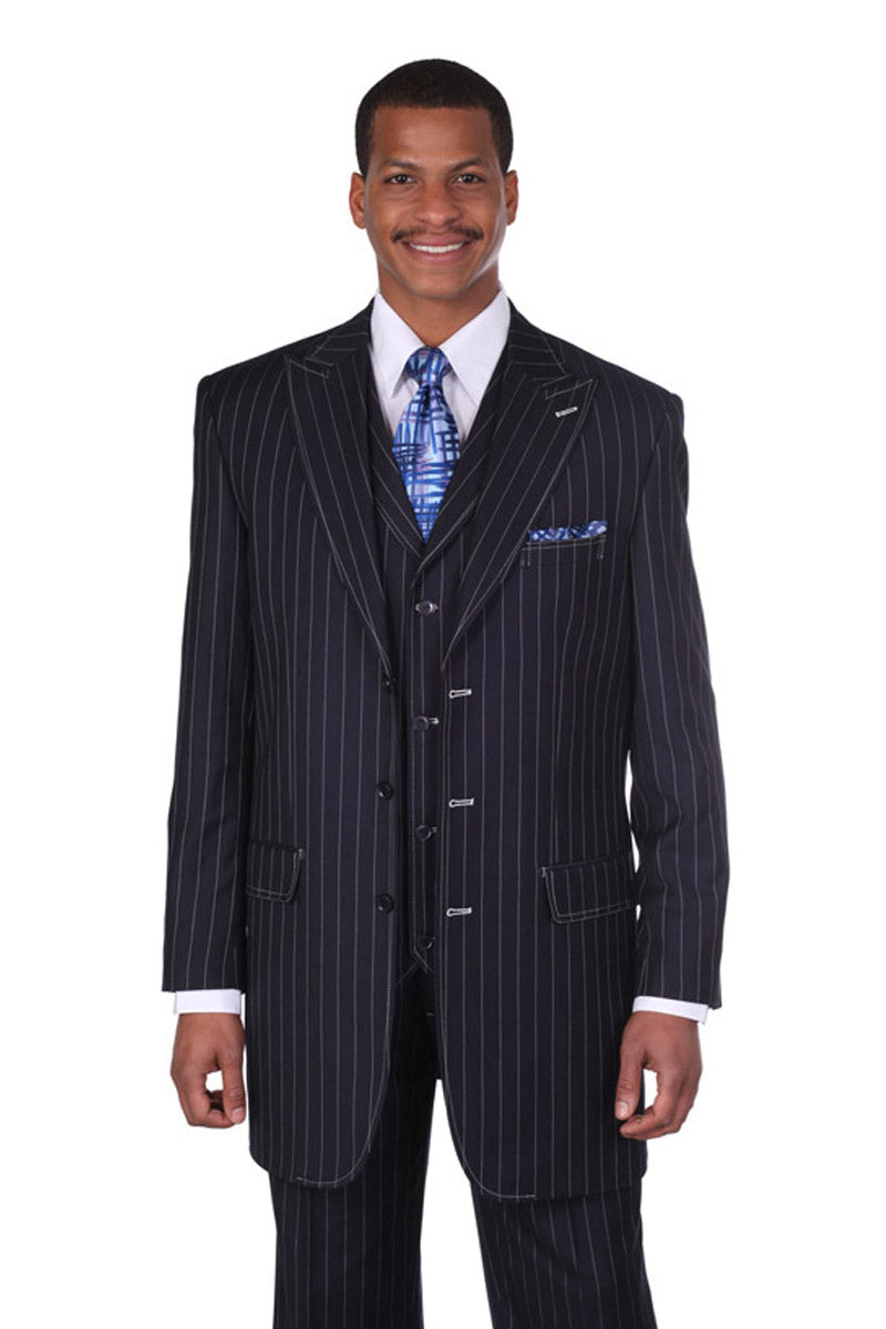 Men's Navy 3 Button Pinstripe Gangster Suit