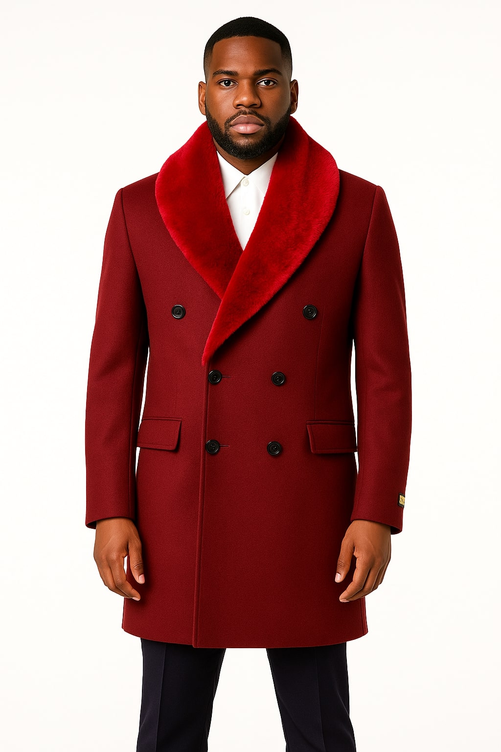 Double-Breasted Burgundy Overcoat with Faux Fur Shawl