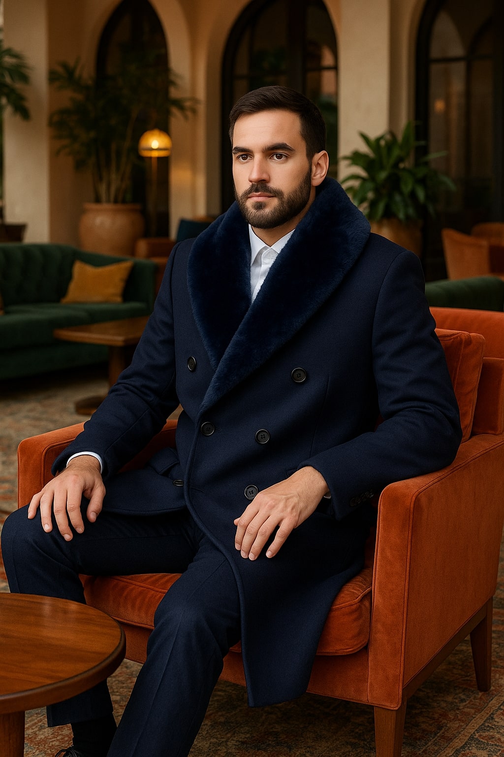 Double-Breasted Navy Overcoat with Plush Blue Fur