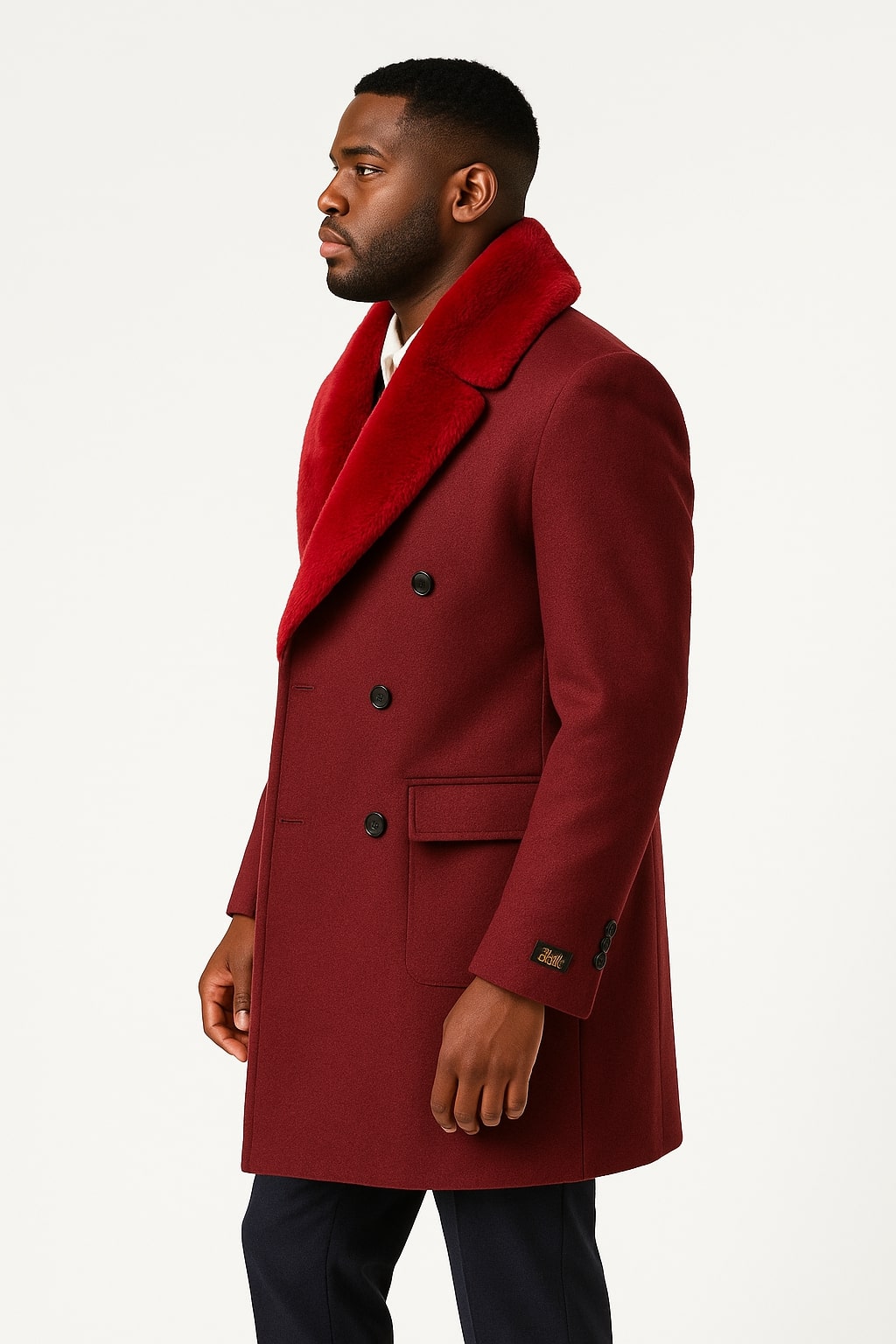 Double-Breasted Burgundy Overcoat with Faux Fur Shawl