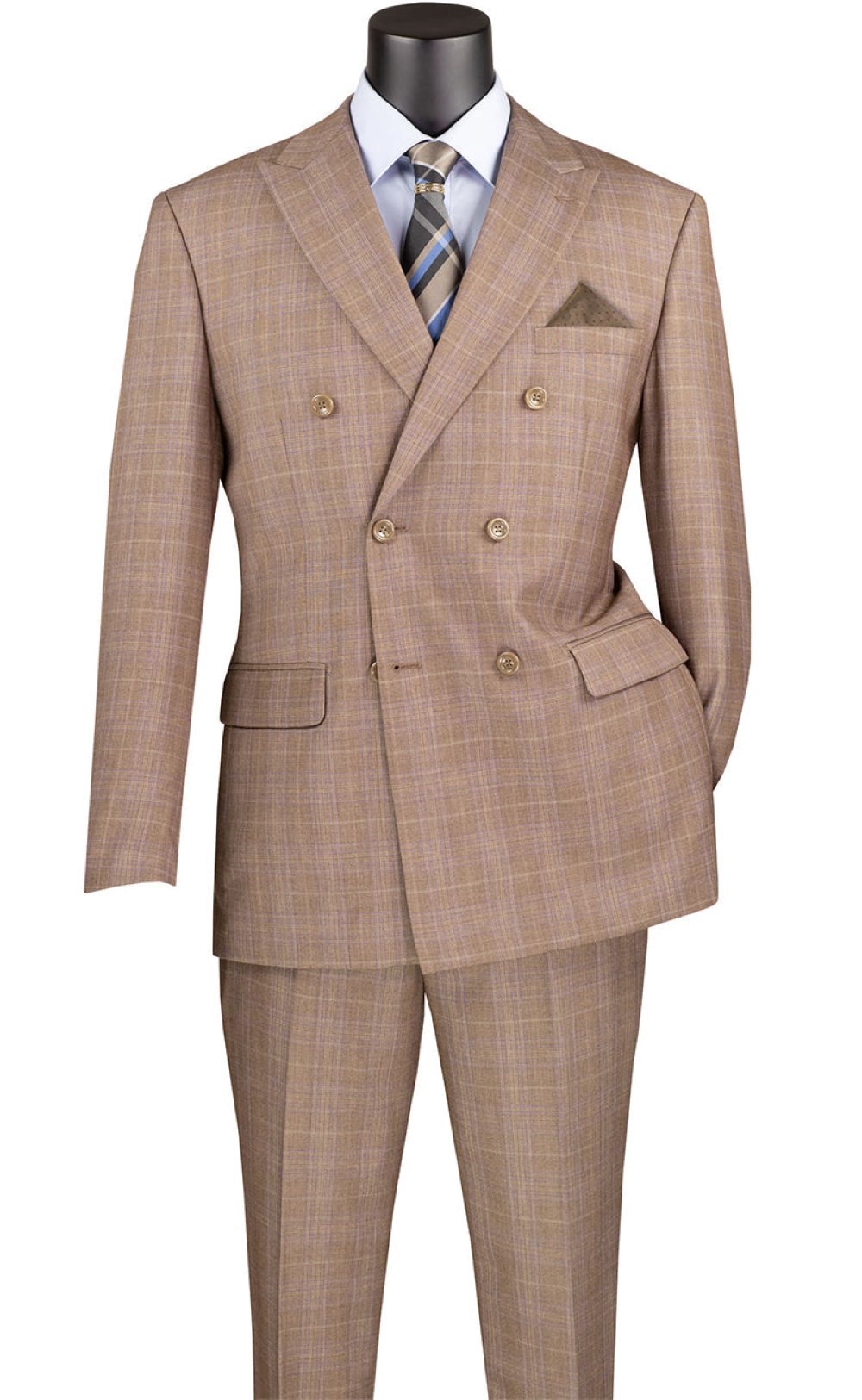 Tan Glen Plaid Double Breasted Suit - Alexander Collection