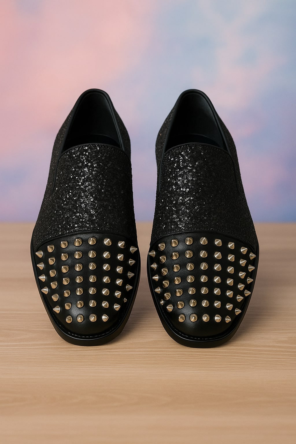 Black Glitter Loafers with Spike Studded Toe