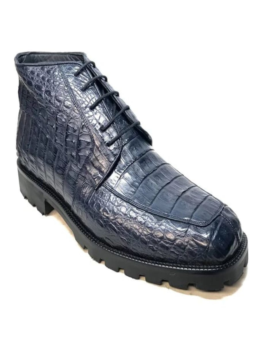 Navy Crocodile Lace-Up Ankle Boots by Los Altos