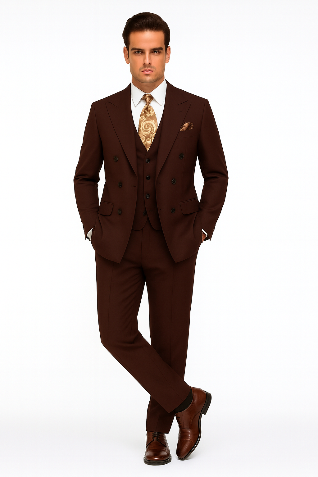 Double Breasted Vested Wool Suit in Brown