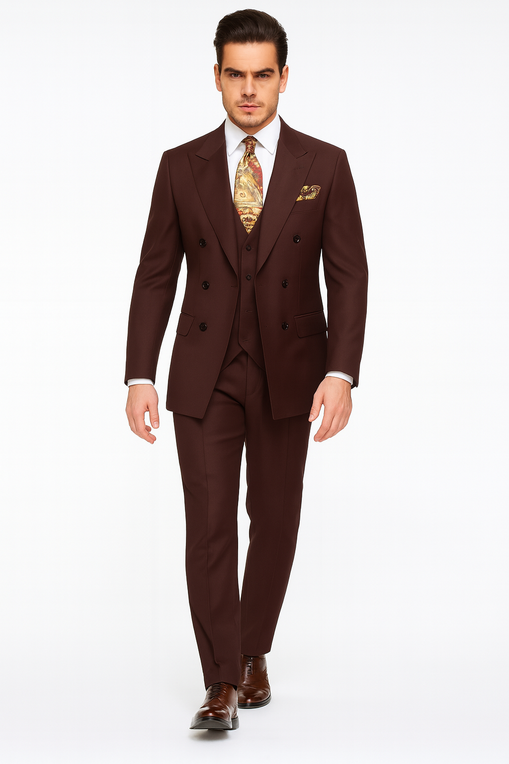 Double Breasted Vested Wool Suit in Brown