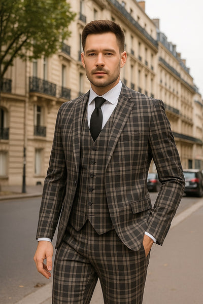 Men's Black and White Plaid Three-Piece Suit β Modern Slim Fit Tuxedo for Church and Business