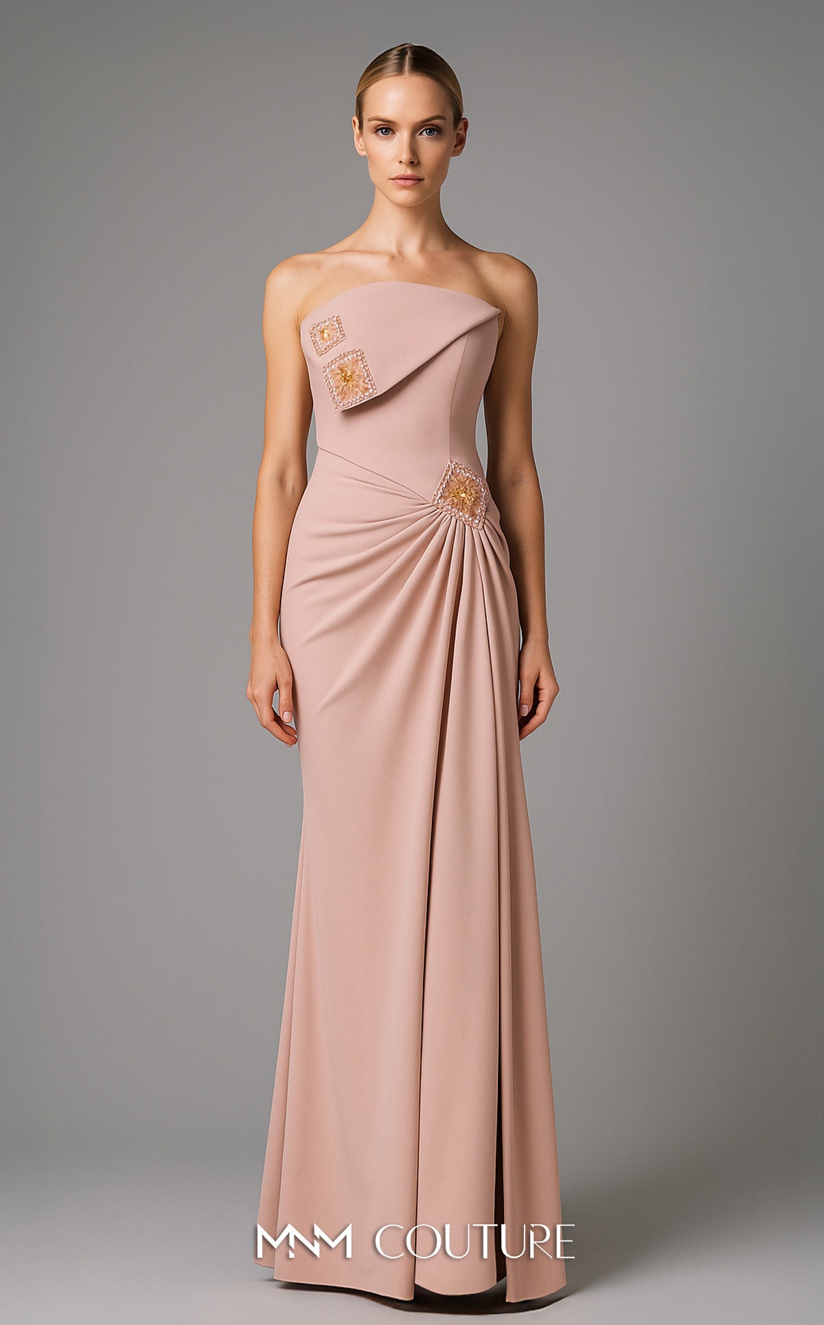MNM Couture B1171 Brown Off-Shoulder Open Back Gown