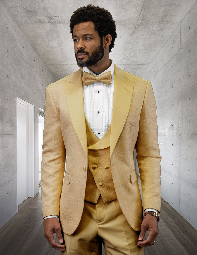 Gold Floral Brocade 3-Piece Suit with Vest