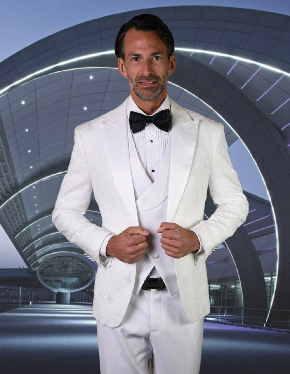 White Paisley Peak Lapel Tuxedo, One Button