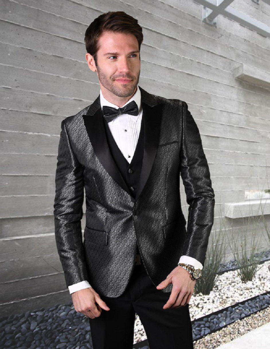Mens Vested Swirl Patter Notch Lapel Tuxedo in Black main image 1