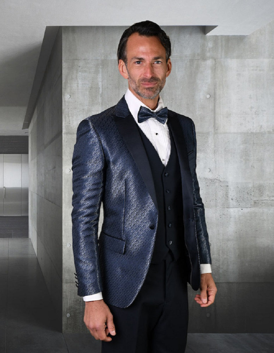 Mens Navy Vested Peak Lapel Shiny Pattern Tuxedo