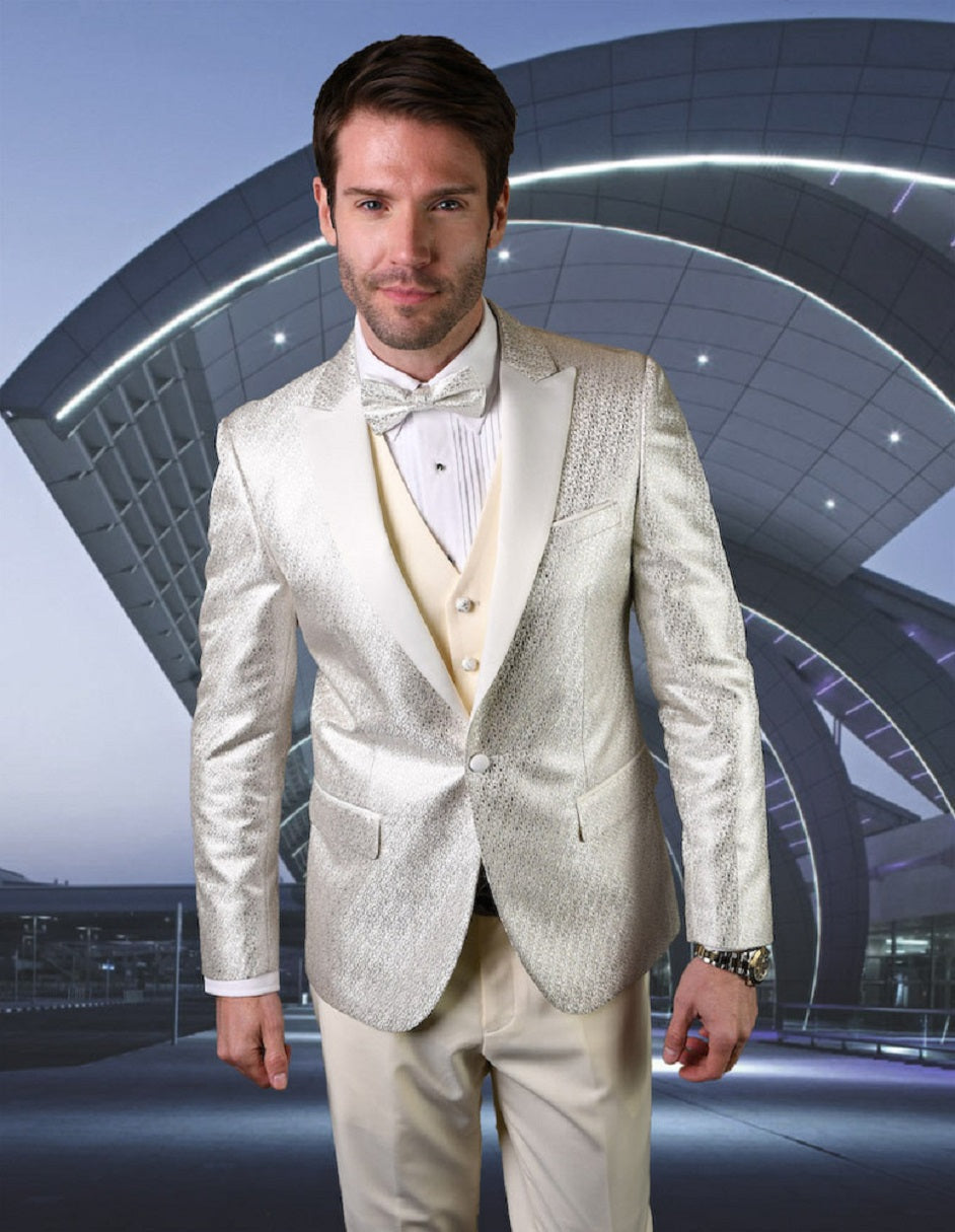 Vested Peak Lapel Ivory Tuxedo with Shiny Pattern