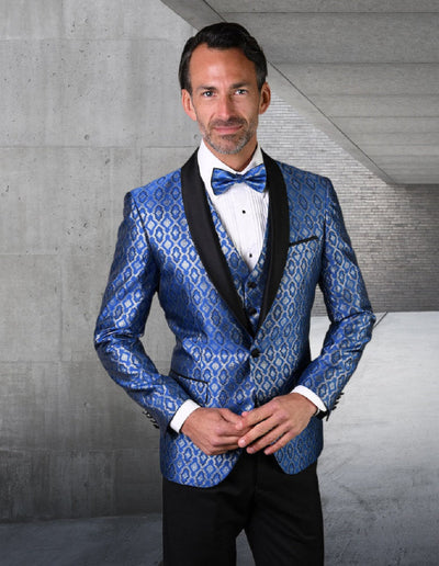 Men's Royal Blue Diamond Print Vested Tuxedo