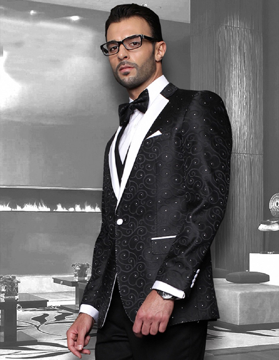 Swirl Pattern Black Vested Notch Lapel Tuxedo