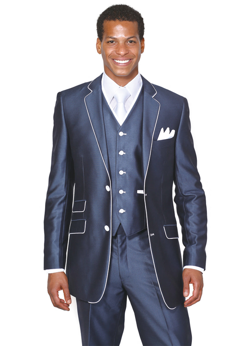 2 Button Navy Sharkskin Vested Suit with Trim