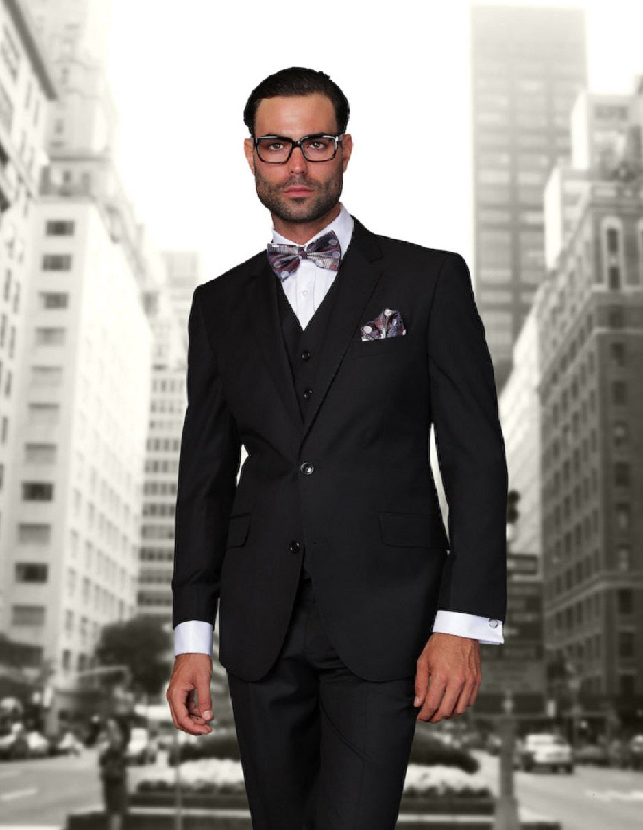 Modern Fit Black Wool Suit with Vest