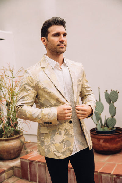 Menβs Elegant Beige Floral Print Blazer with Double Buttons