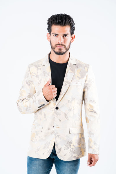 Menβs Elegant Beige Floral Print Blazer with Double Buttons