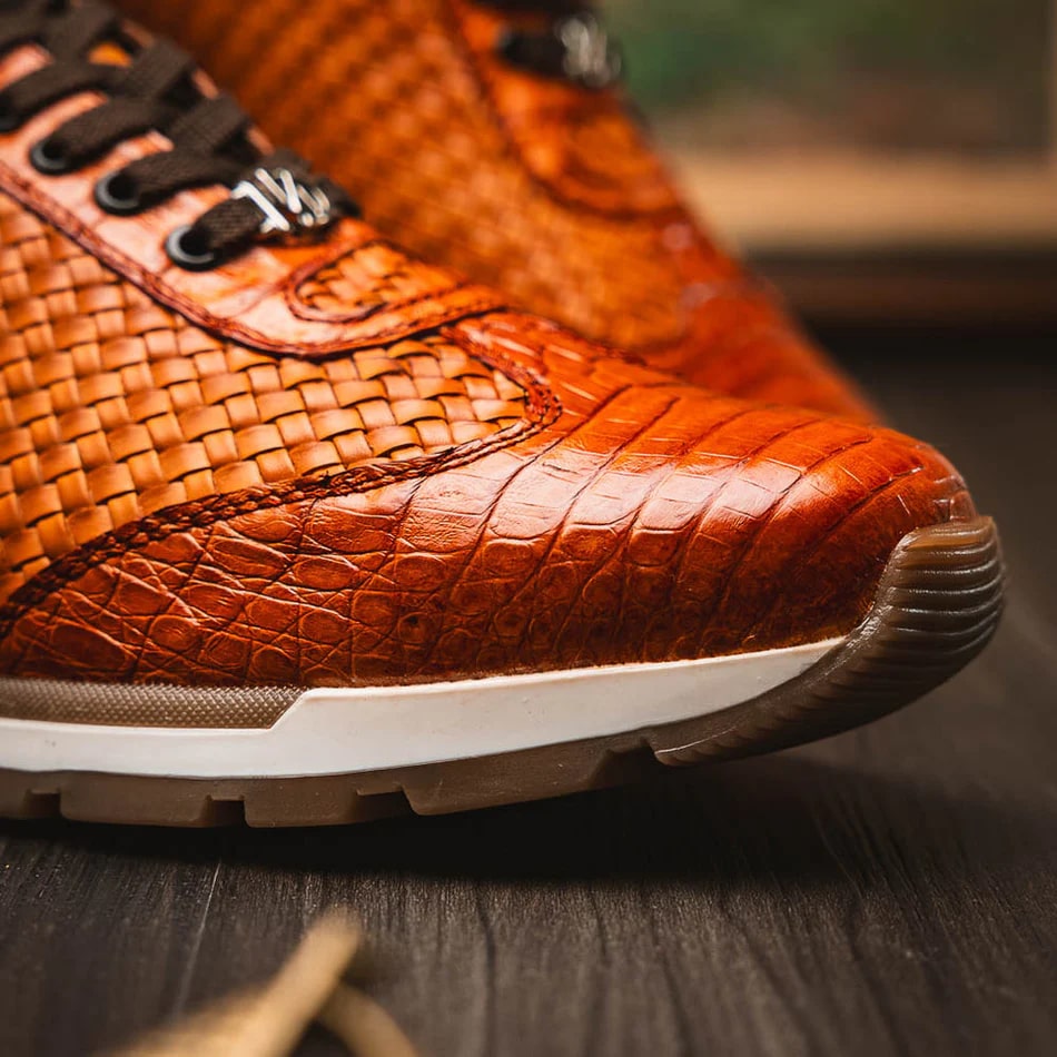 Roma Brandy Exotic Crocodile & Woven Leather Sneakers