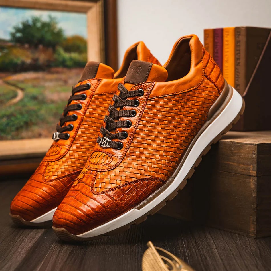 Roma Brandy Exotic Crocodile & Woven Leather Sneakers