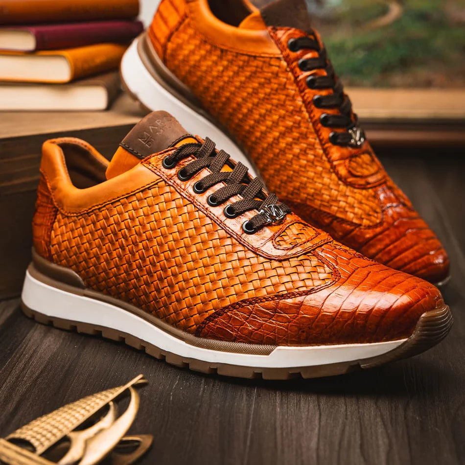 Roma Brandy Exotic Crocodile & Woven Leather Sneakers