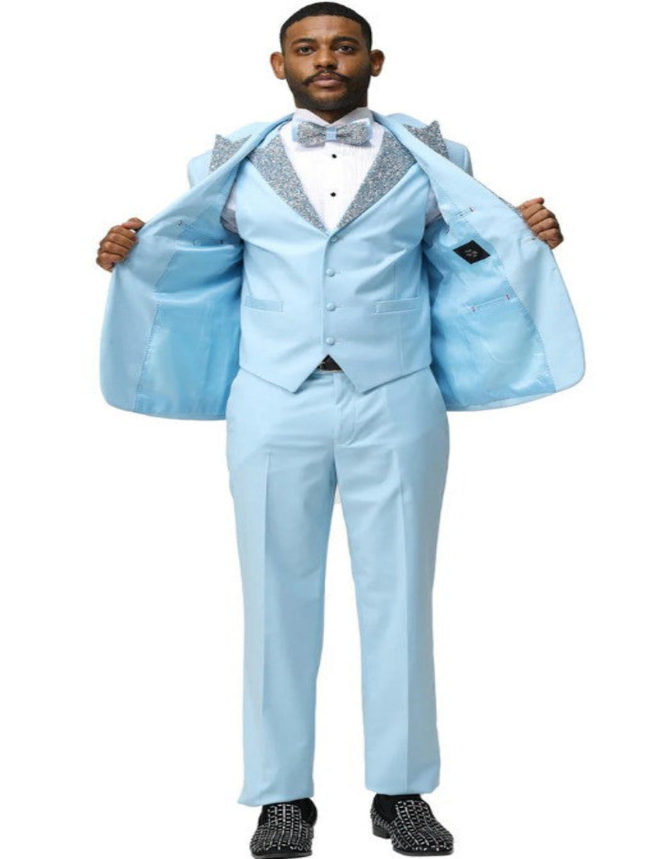 Baby Blue Prom Tuxedo with Rhinestone Lapel
