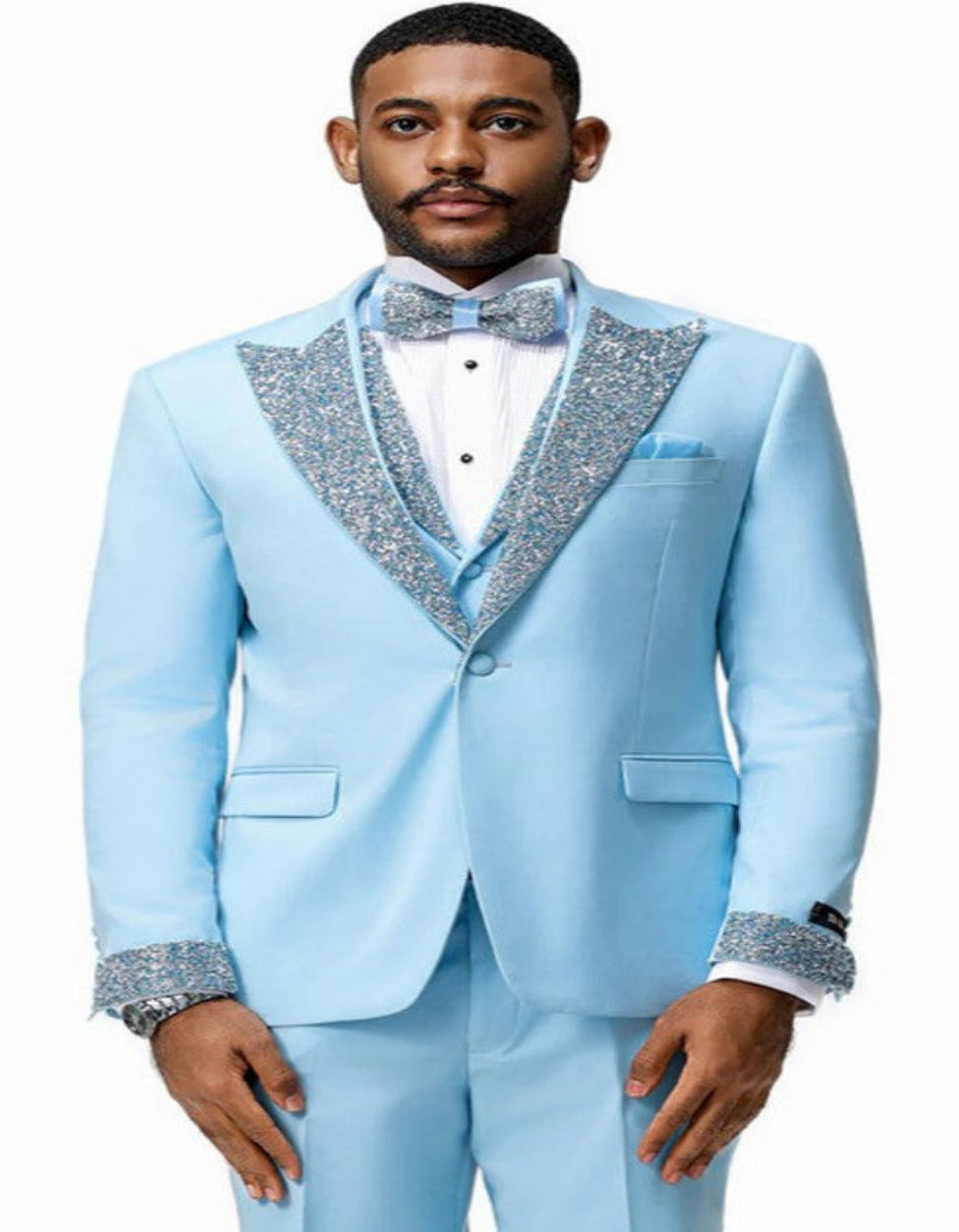 Baby Blue Prom Tuxedo with Rhinestone Lapel