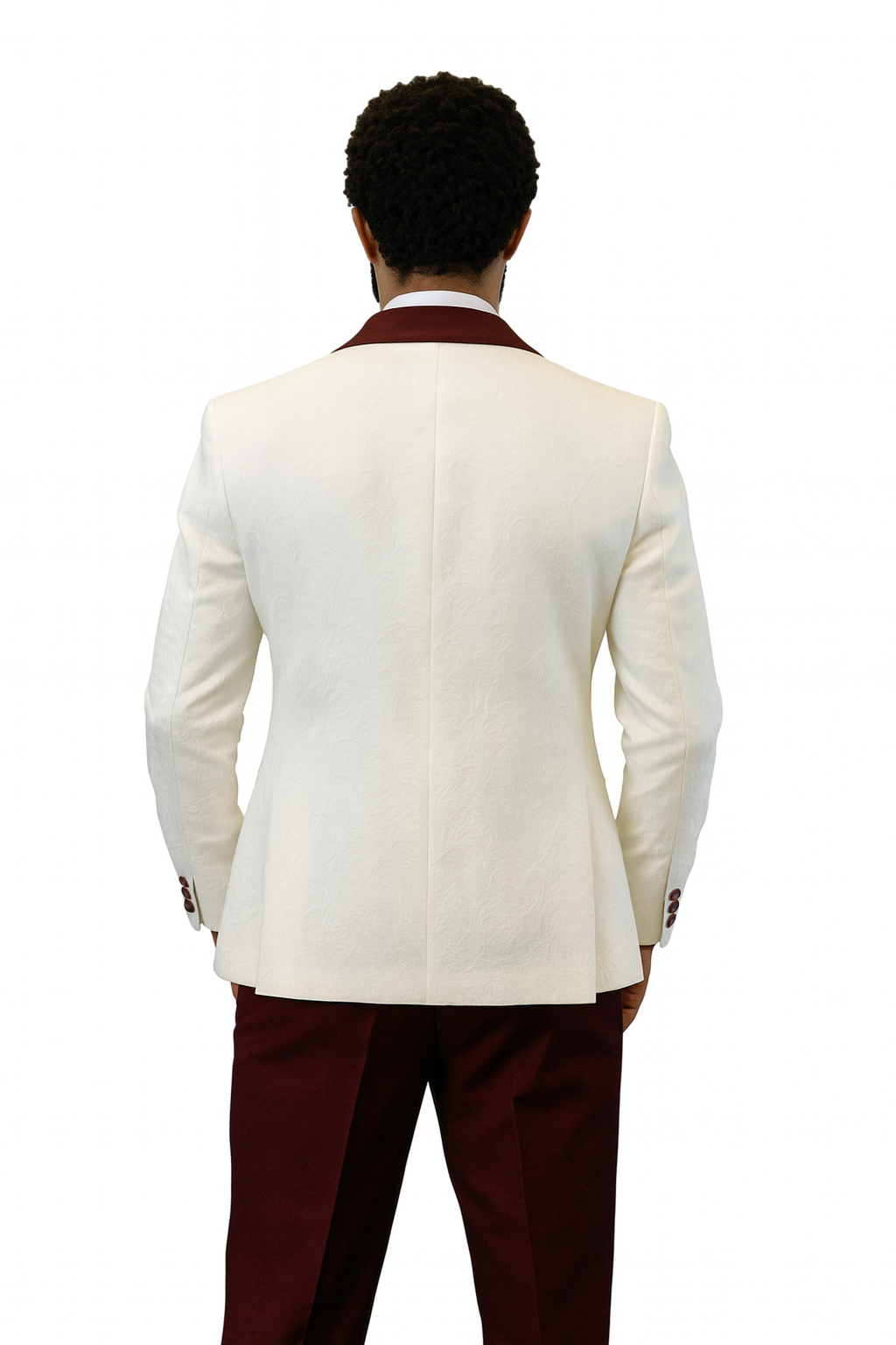 White & Burgundy Paisley Peak Lapel Tuxedo Set