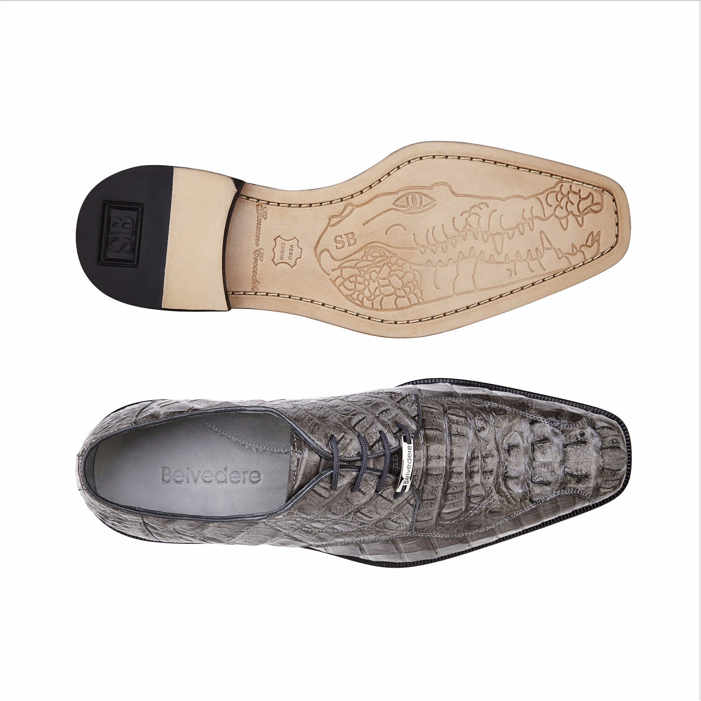 Mens Belvedere Chapo Caiman Crocodile Hornback Grey Dress Shoe