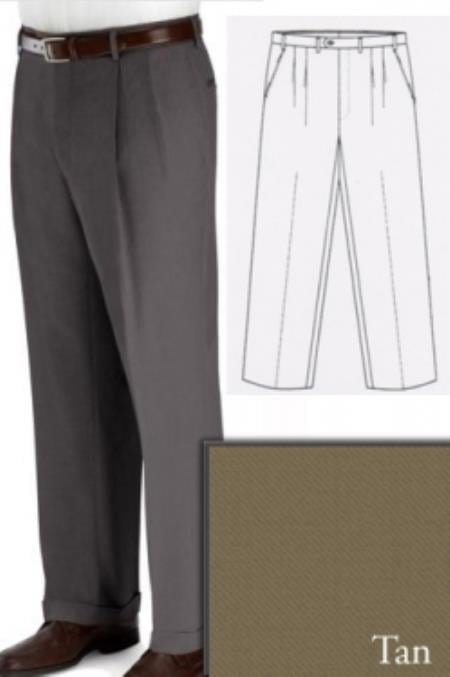 Tan `Beige Gabardine Wool Big and Tall Double Pleated Dress Pants