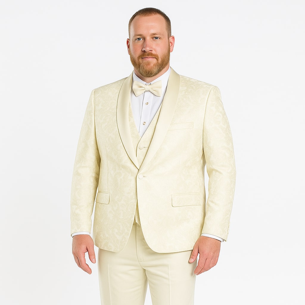 Ivory Floral 3-Piece Embroidered Tuxedo Suit