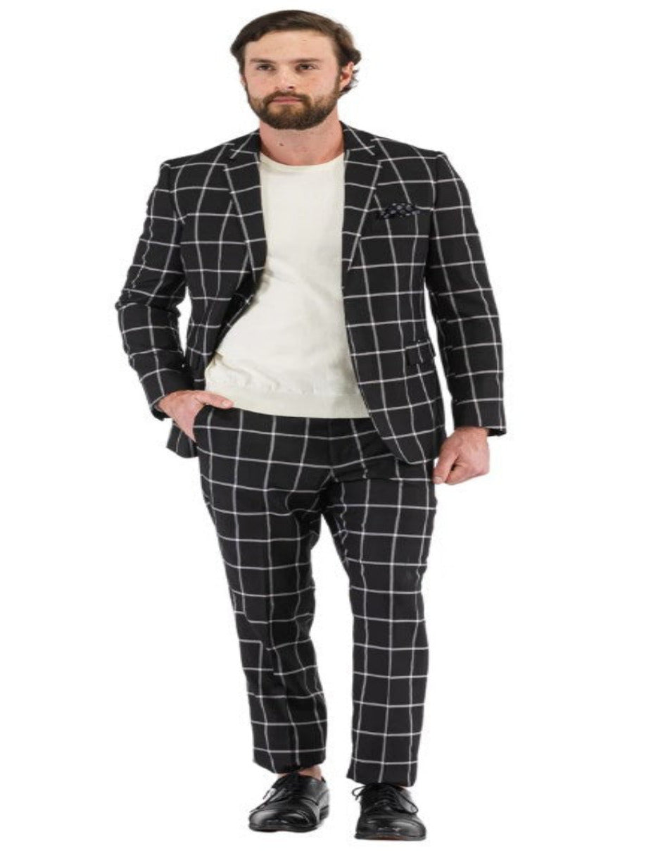Mens Black Windowpane Plaid Suit with Vest