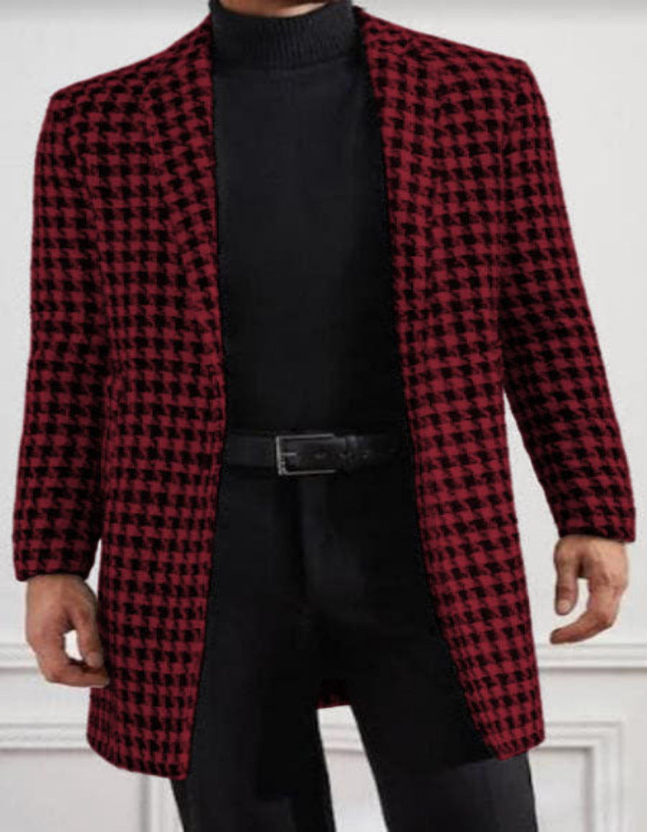 Houndstooth Tweed Lapel Overcoat for Men