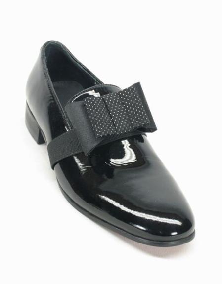 Men's Fashionable Carrucci Black Patent Bow Lace Up Style Black Dress Shoe - Men's Shiny Shoe