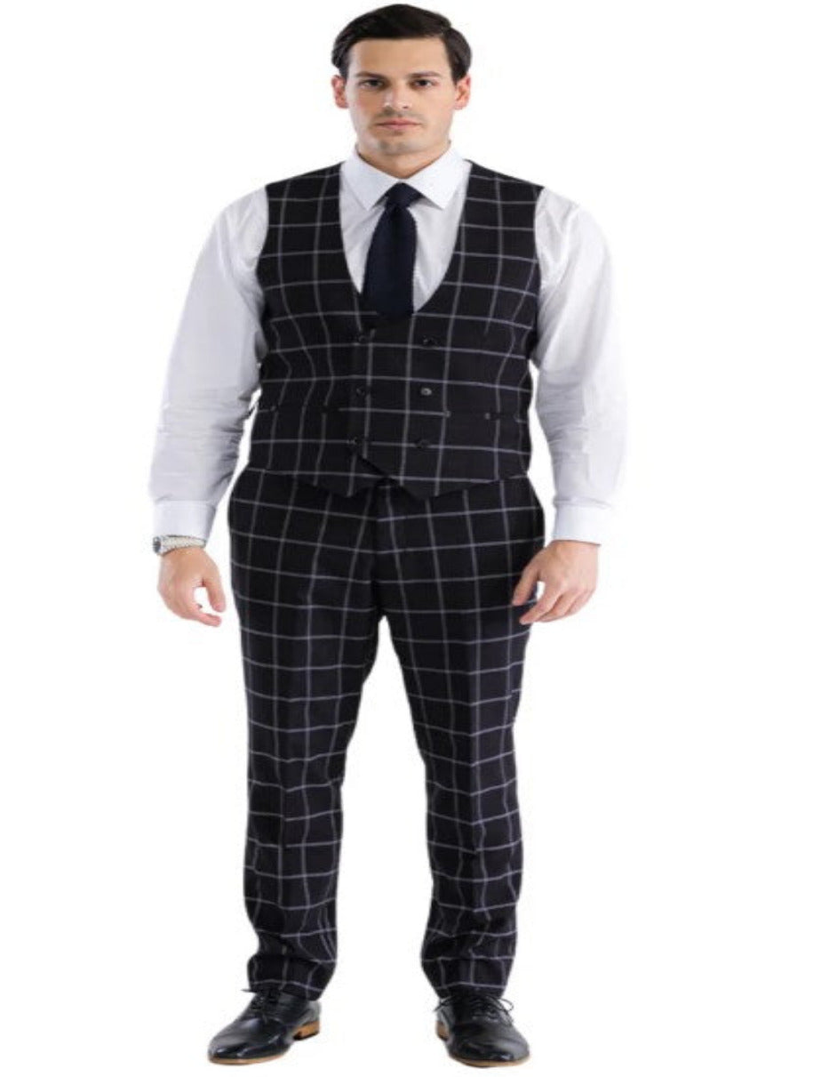 Men’s Windowpane Plaid Suit with Vest - Black