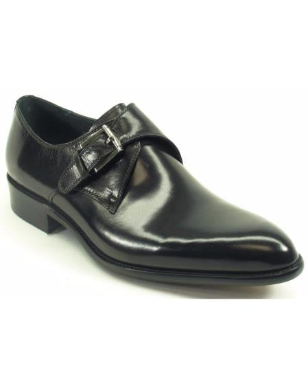 Carrucci Men's Black Genuine Calfskin Leather With Monk Strap Fashion Black Dress Shoe- Men's Buckle Dress Shoes