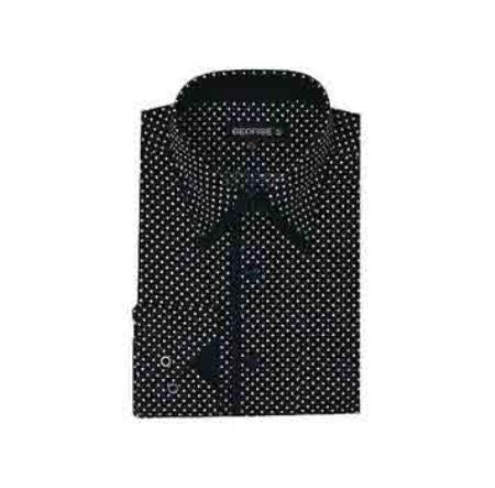 Classic Fit Mini Polka Dot Design Black Men's Dress Shirt