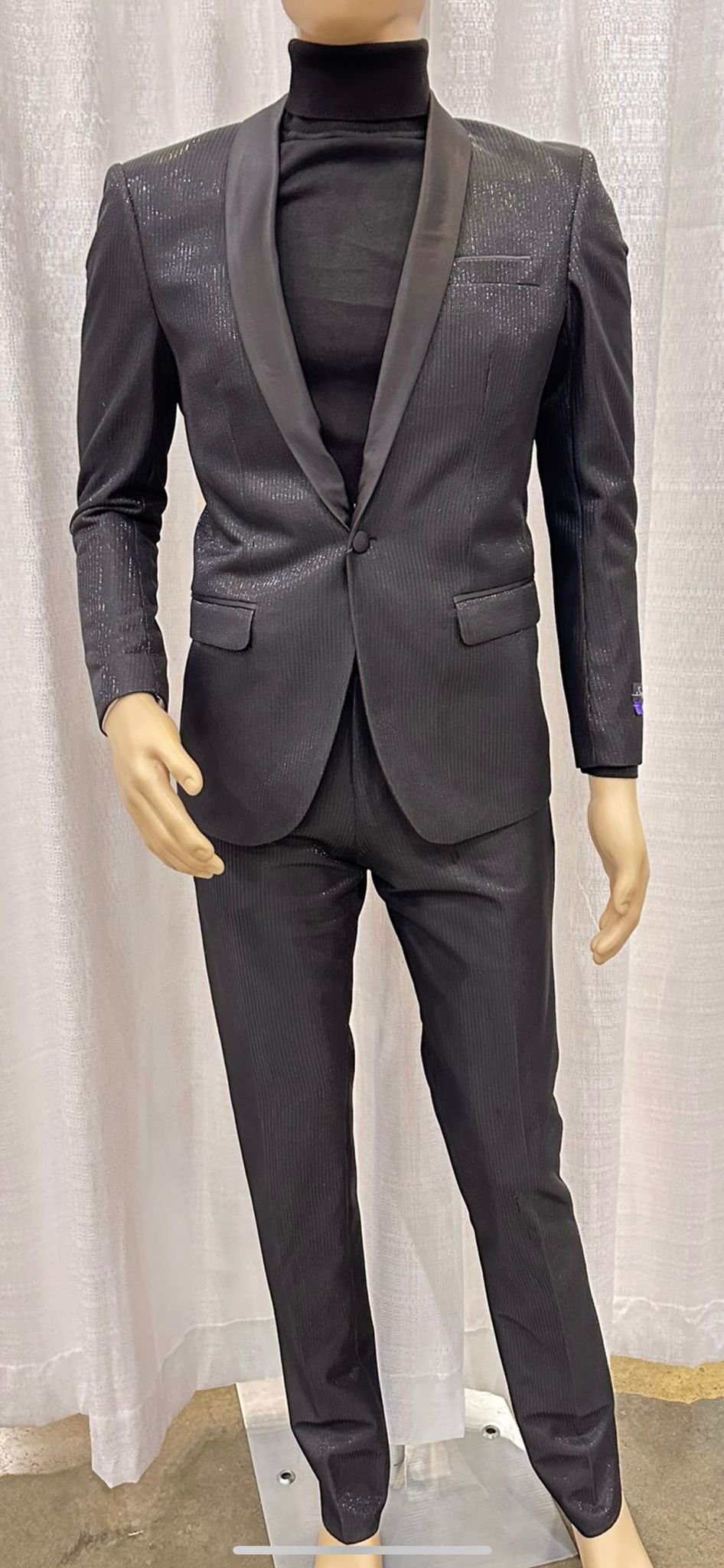 Mens Black Glitter Stripe Tuxedo with Satin Shawl Lapel – Slim Fit Formal Party Suit