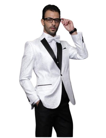 Men's White Sport coat Black Lapel Floral Shiny Tuxedo Paisley Flashy Satin Stage Dance