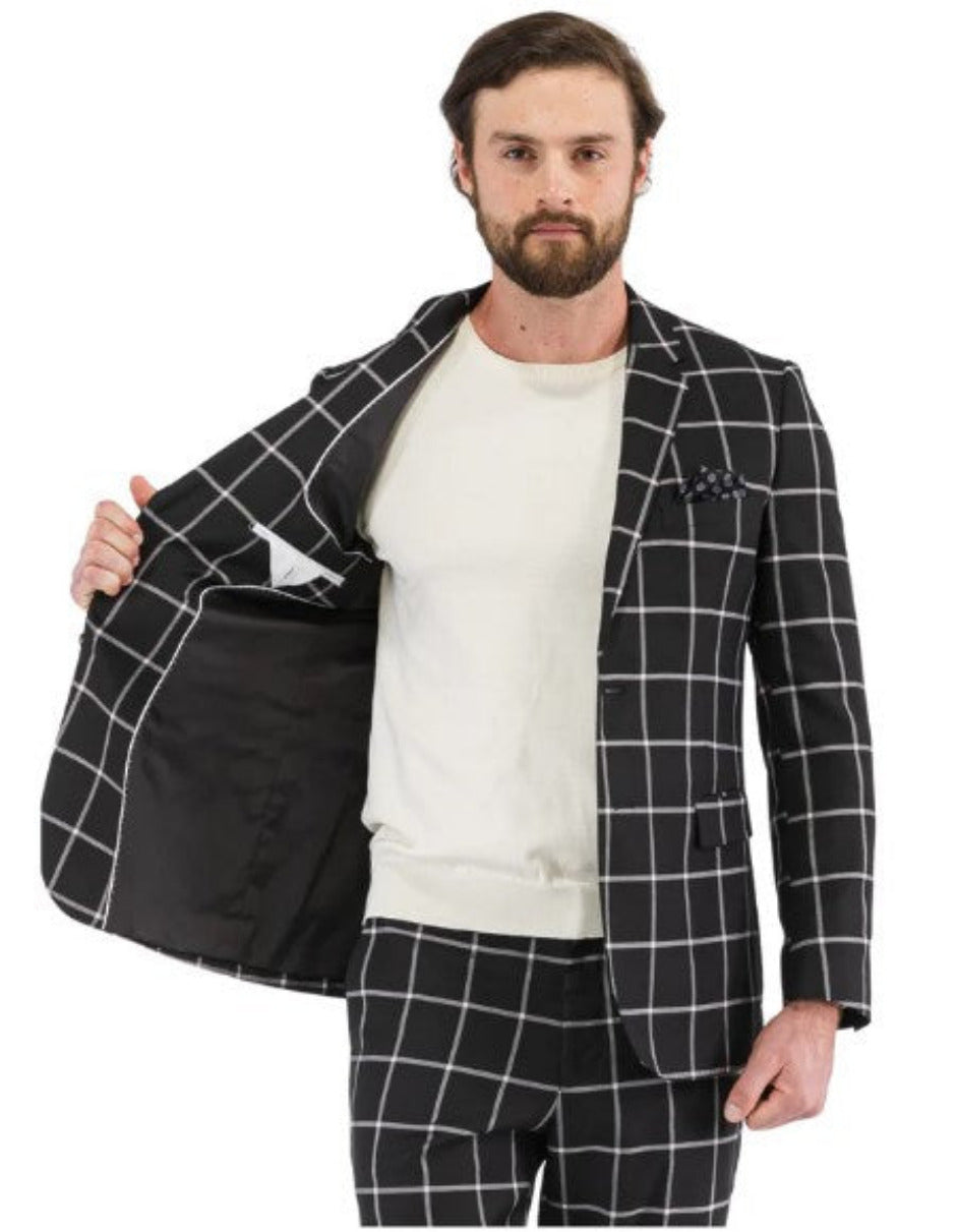 Mens Black Windowpane Plaid Suit with Vest