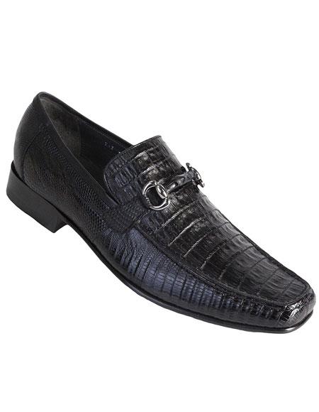 Los Altos Boots Men's Stylish Black Genuine Caiman Belly and Lizard Classic Slip-On Dress Shoes