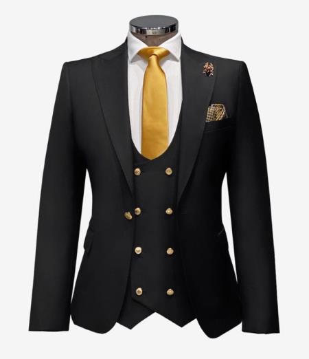 Black Slim Double Breasted Suit with Gold Buttons