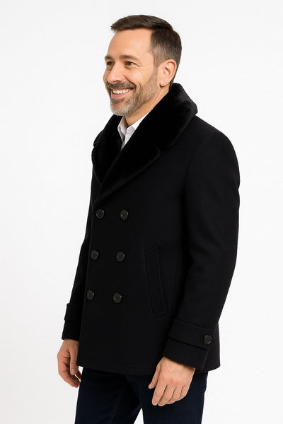 Black Wool Peacoat with Faux Fur Shawl Collar