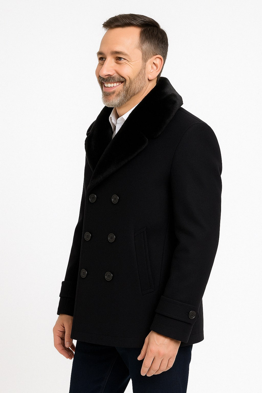 Black Wool Peacoat with Faux Fur Shawl Collar