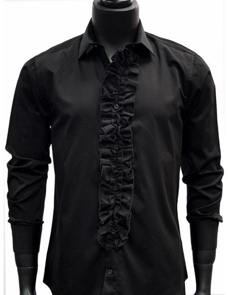 Men's classic Black Ruffled Dress 100% Cotton casual Trendy tuxedo shirt