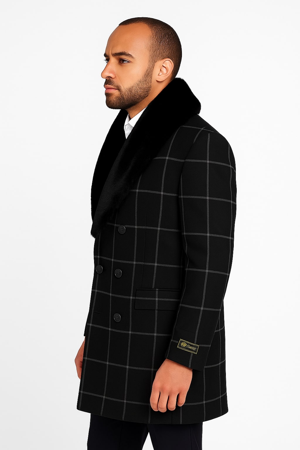 Black Windowpane Wool Overcoat with Fur Collar