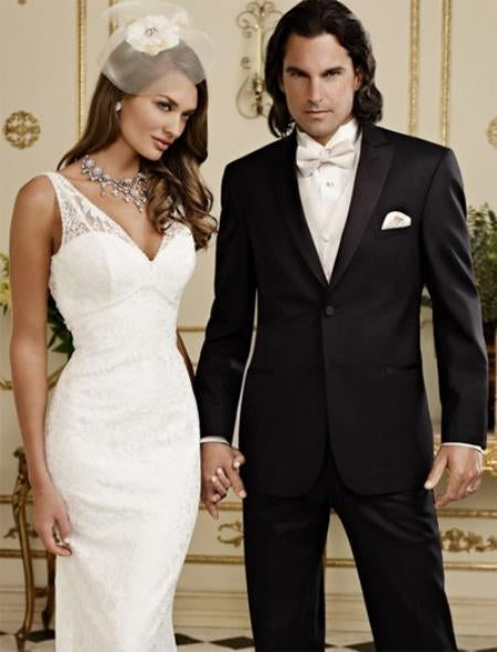 Men's Skinny Fitted Slim Fitc Cut Ridge Basic Peak Tonal Slim Fit Black Tuxedo - Skinny Fit Tuxedo