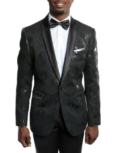 Men's Slim Fit Tuxedo Jacket Blazer Fancy Floral Pattern Large Shawl Lapel Black